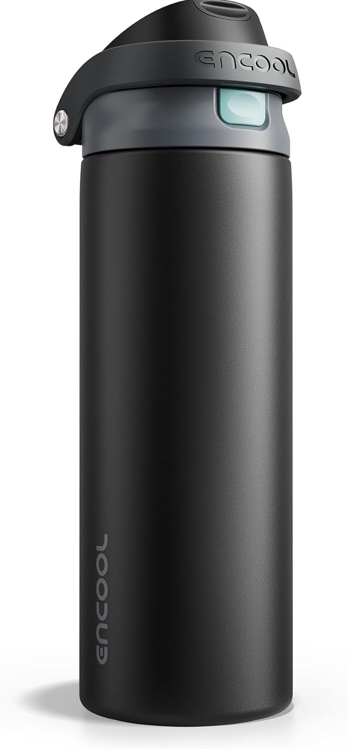 ENCOOL Leakproof Insulated Water Bottle with Straw Dual-Sip Water Bottle Bag-Safe Design for Work, Commute & Gym – Keeps Drinks Cold All Day, 24 oz, Charcoal Gray